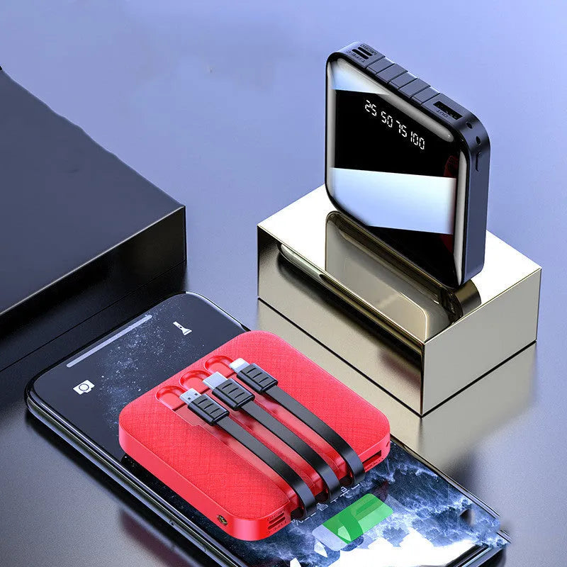 Black and red portable power bank with integrated charging cable, showing 10000mAh and 20000mAh options.