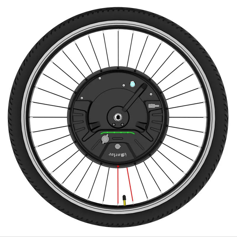 26-inch bicycle electric conversion kit showing hub motor wheel, lithium battery, and charger