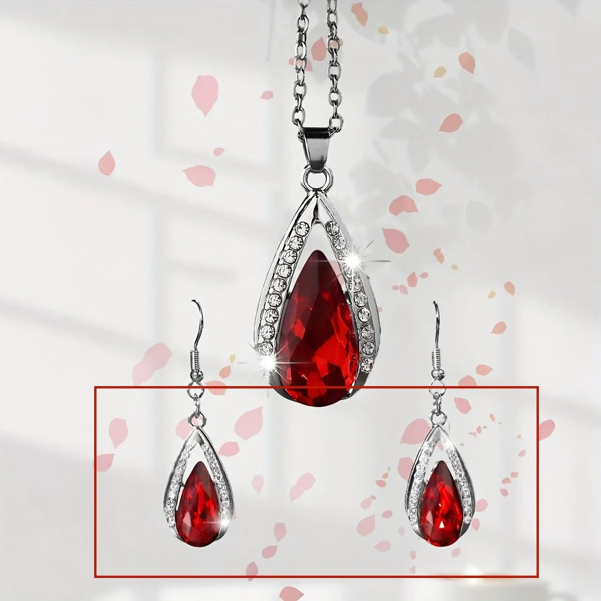 Teardrop glass pendant necklace and earrings matching suite in black or red alloy jewellery