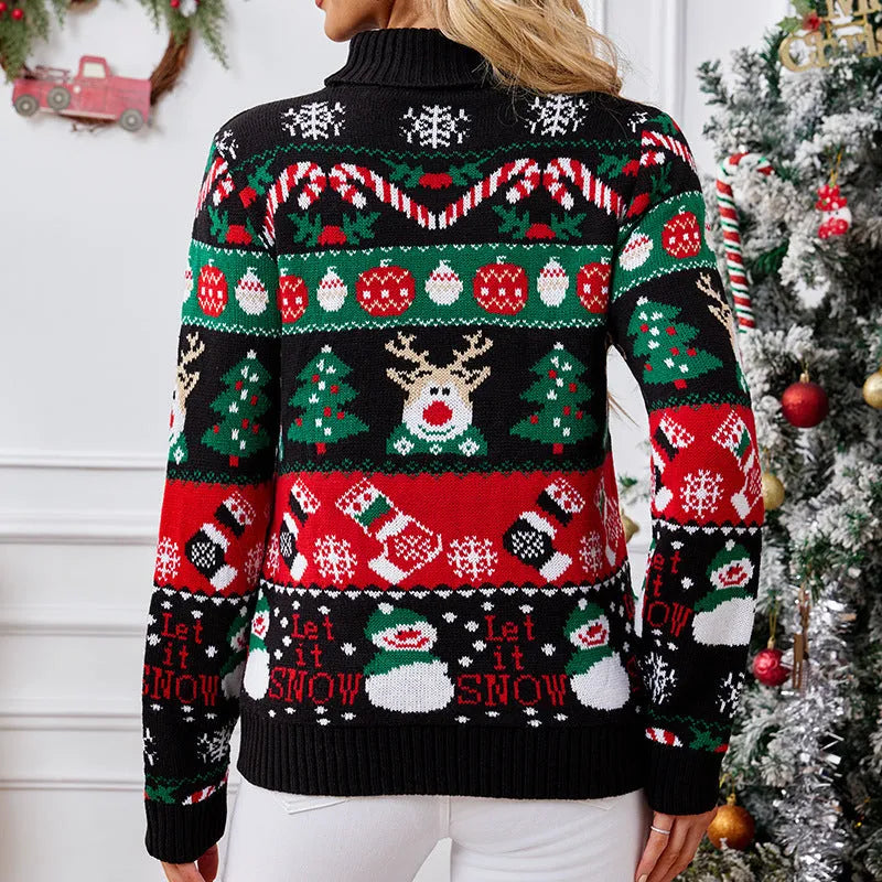 Women's slim-fit turtleneck pullover with animal pattern and contrast colour in black Christmas sweater style