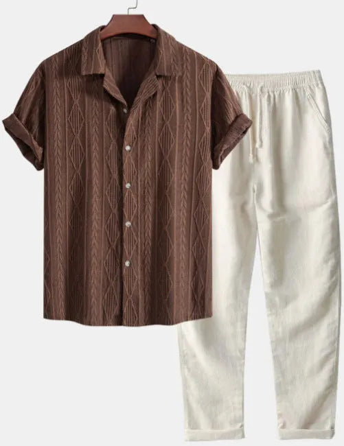 Casual slim fit short-sleeved shirt and trousers suit set with digital camouflage print, cardigan-style lapel.