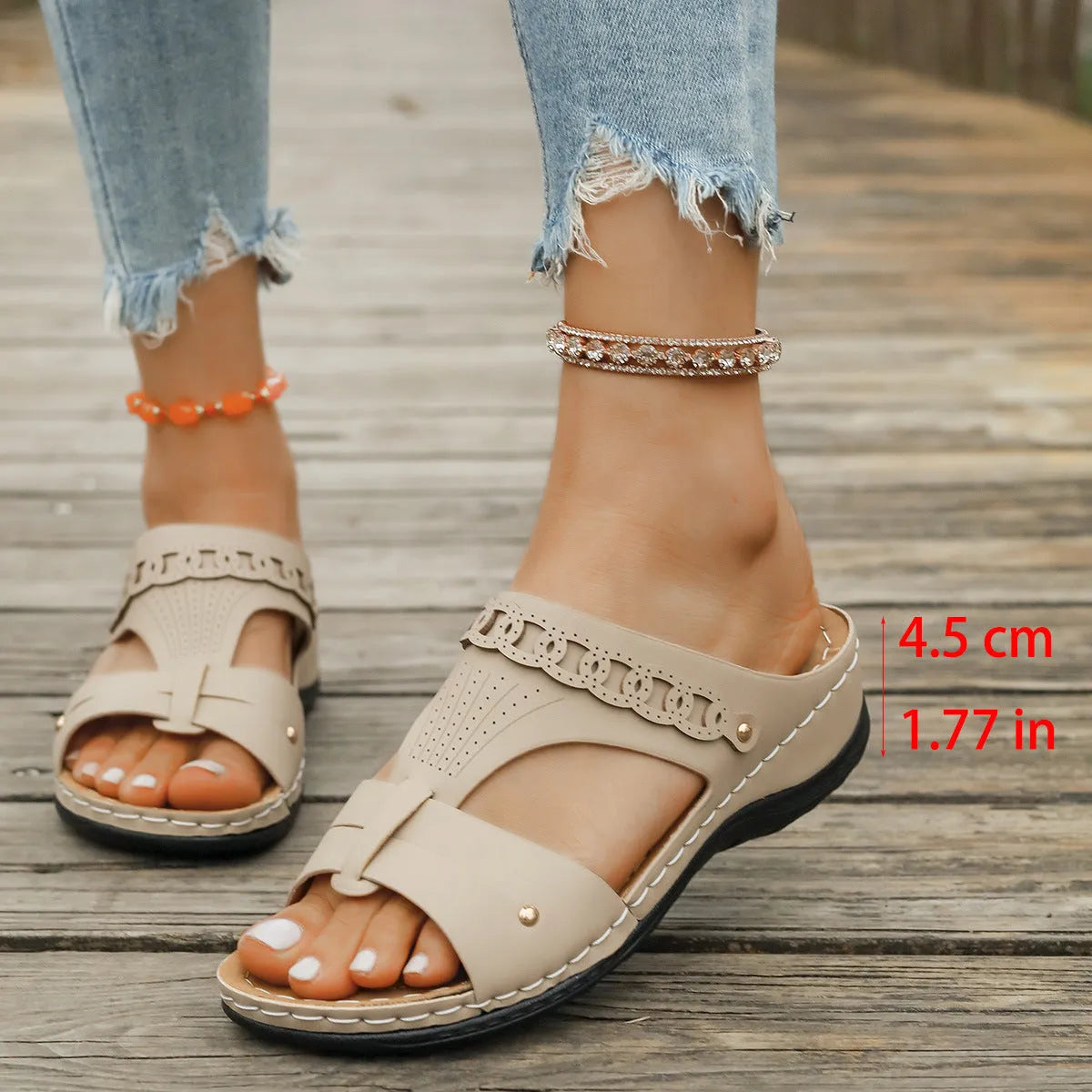 Roman style slippers showing heel slope design and fish mouth toe in beige colour on rubber sole