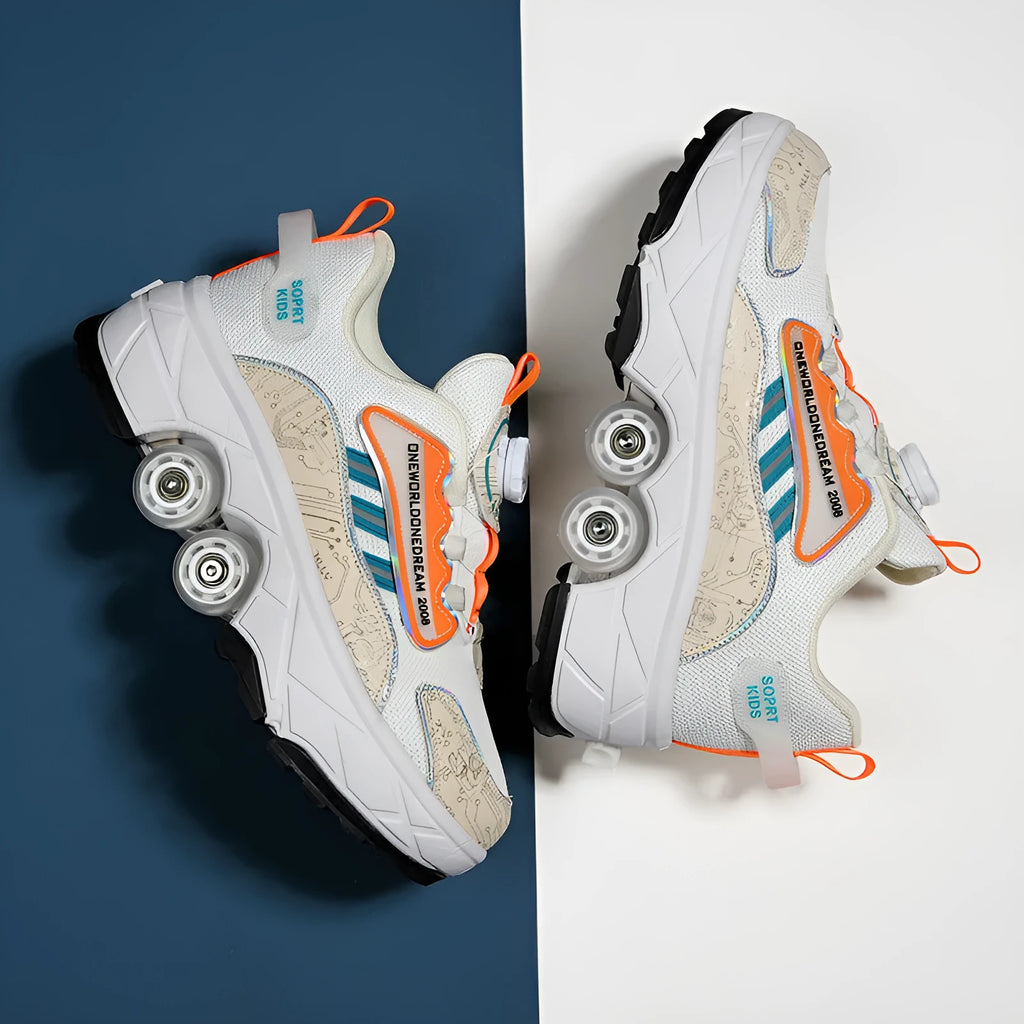 Children's quad roller skates with PU wheels and brake system in beige and orange, side view showing wheel and lace-up boot