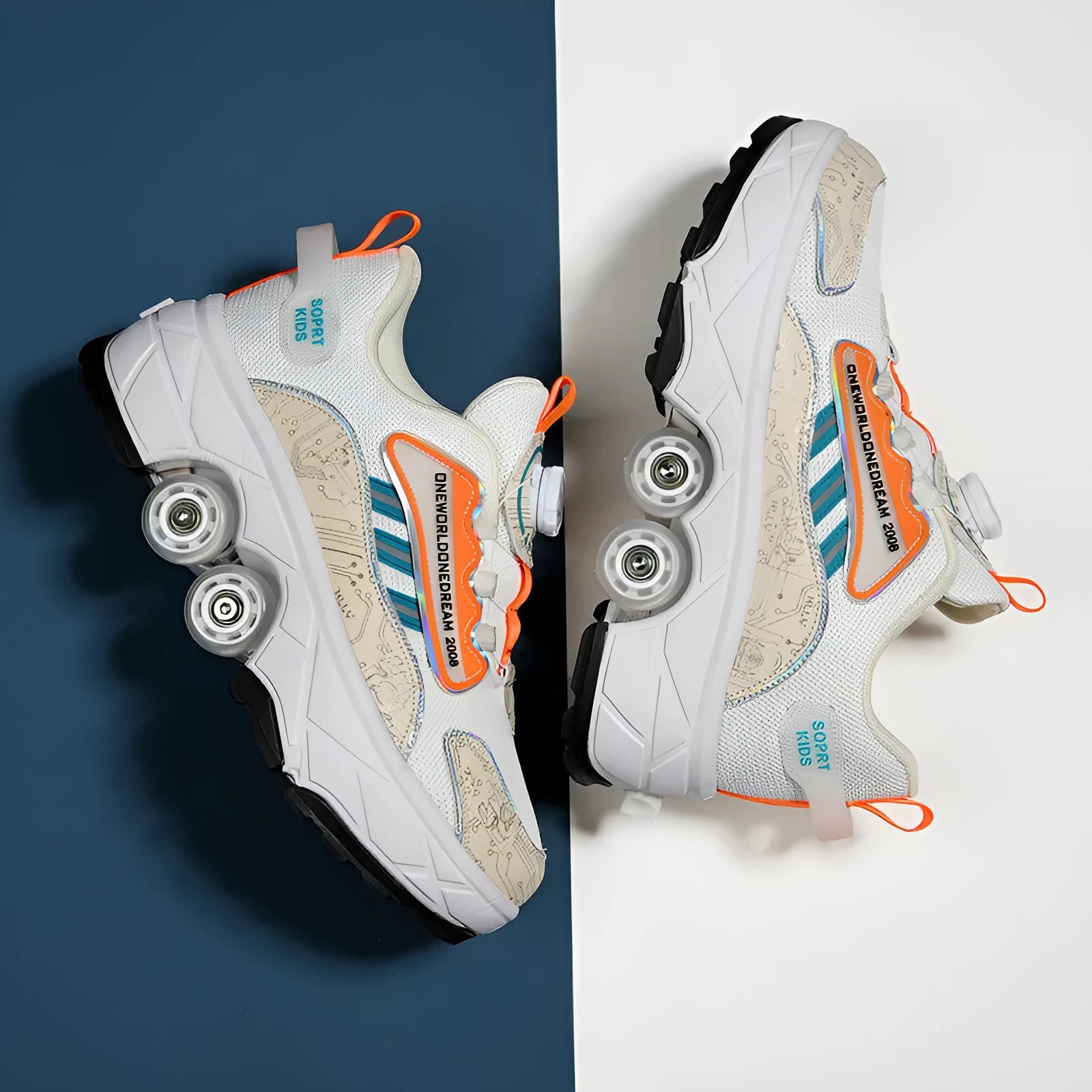 Children's quad roller skates with PU wheels and brake system in beige and orange, side view showing wheel and lace-up boot