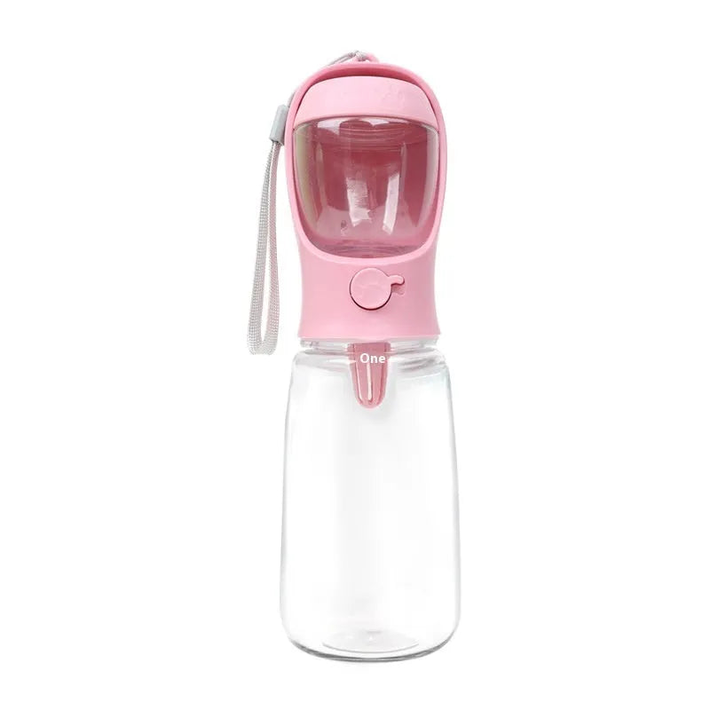 Portable blue dog water bottle with integrated drinking bowl showing split water grain design