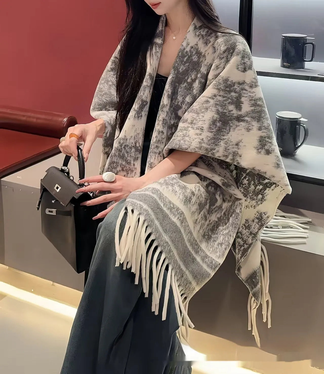 Women's personalised tassel scarf cape shawl in polyester fabric with free size fit