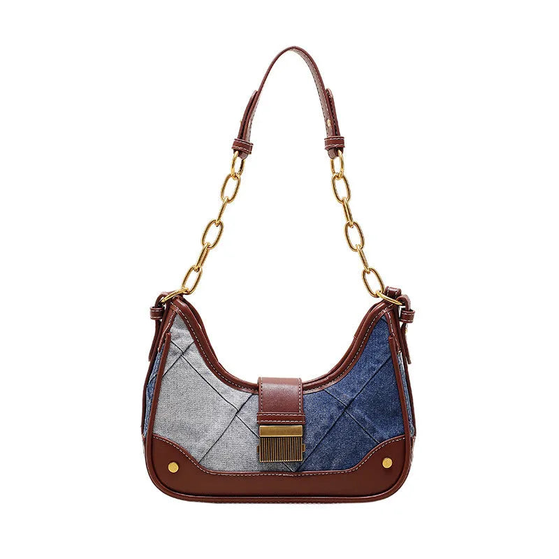 Brown denim women's shoulder bag with chain strap and diamond mesh detail