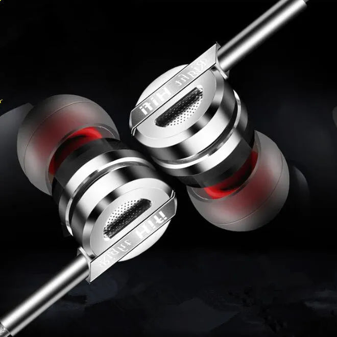 Black and silver metal in-ear headphones with inline remote and microphone on cable.
