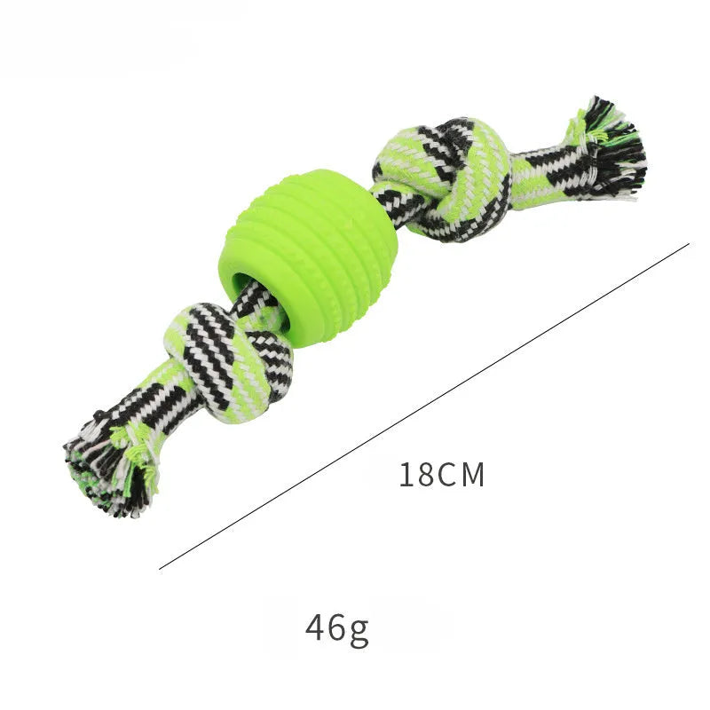 Blue dog chew toy with integrated rope cord for dental cleaning and oral health maintenance