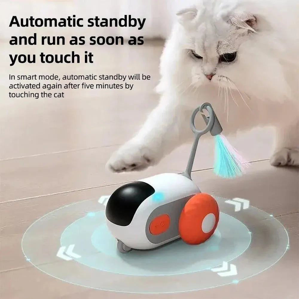 Smart interactive cat toy car with feather attachment in blue or orange colour options