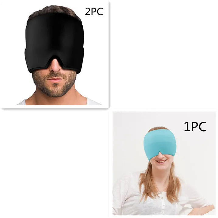 Cold therapy gel eye mask for headache relief in black colour on forehead