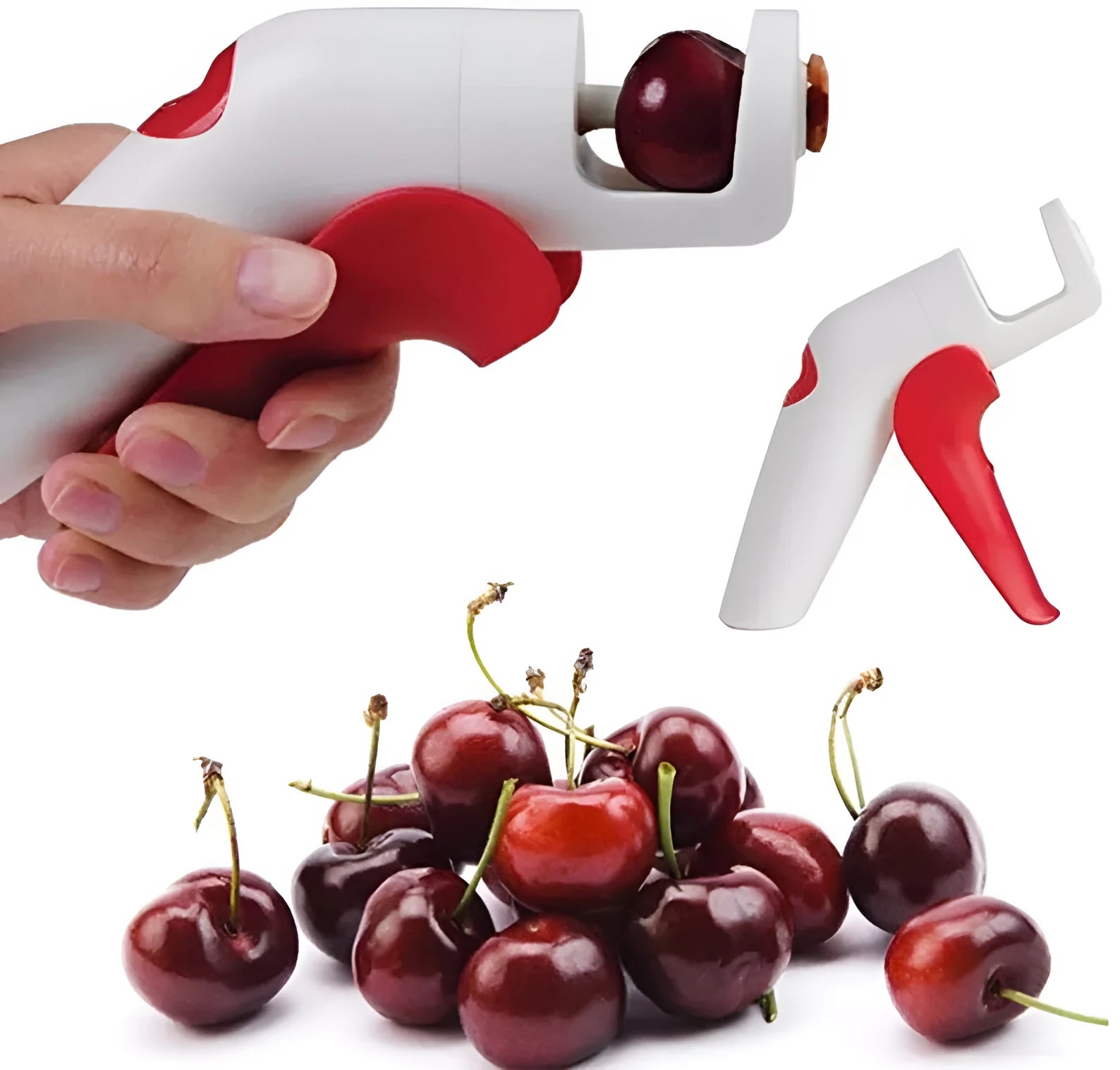 Manual handheld cherry kernel remover kitchen gadget with stainless steel blades and clear pit catcher.