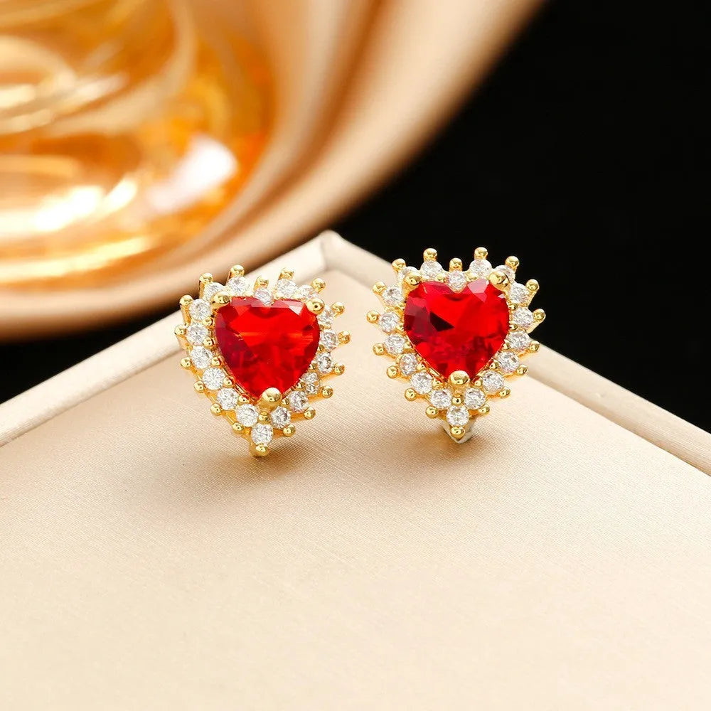 Gold red titanium steel heart pendant necklace with mixed gem inlay and water wave chain