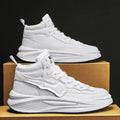 Men's black and white high-top platform casual shoes with a round toe and PU upper.
