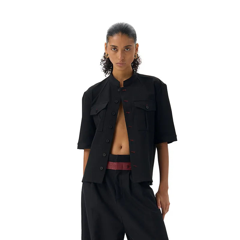 Black half sleeve hunting shirt with red eye design, shirt collar and loose fit