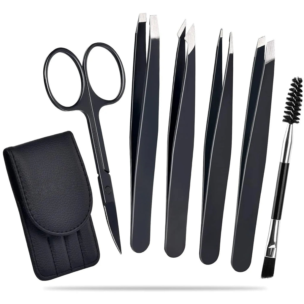 Professional 6-piece stainless steel eyebrow tweezers set with curved scissors and leather protective case