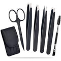 Professional 6-piece stainless steel eyebrow tweezers set with curved scissors and leather protective case