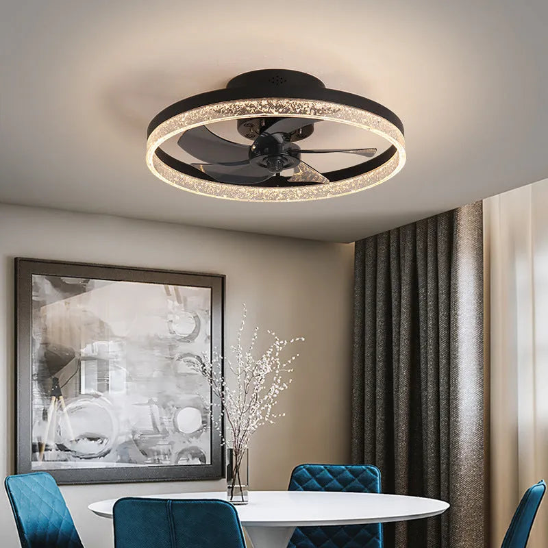 Nordic style remote control ceiling fan lamp with LED lights in a coffee gold finish.