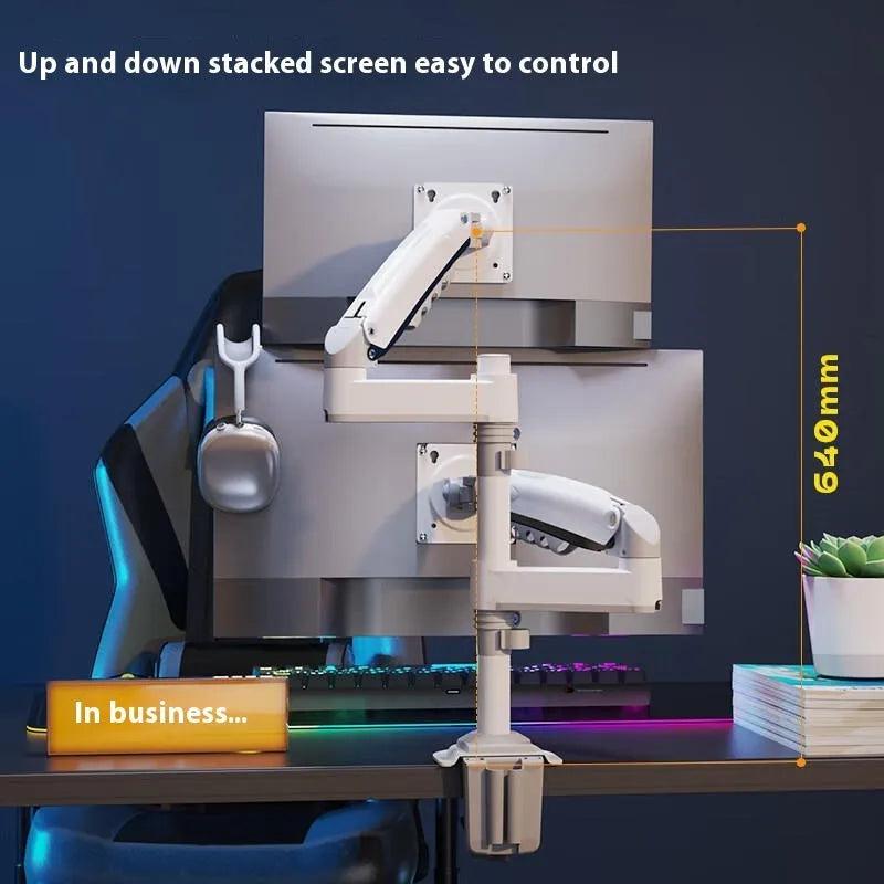 Dual screen monitor arm bracket in aluminium alloy with mechanical height adjustment