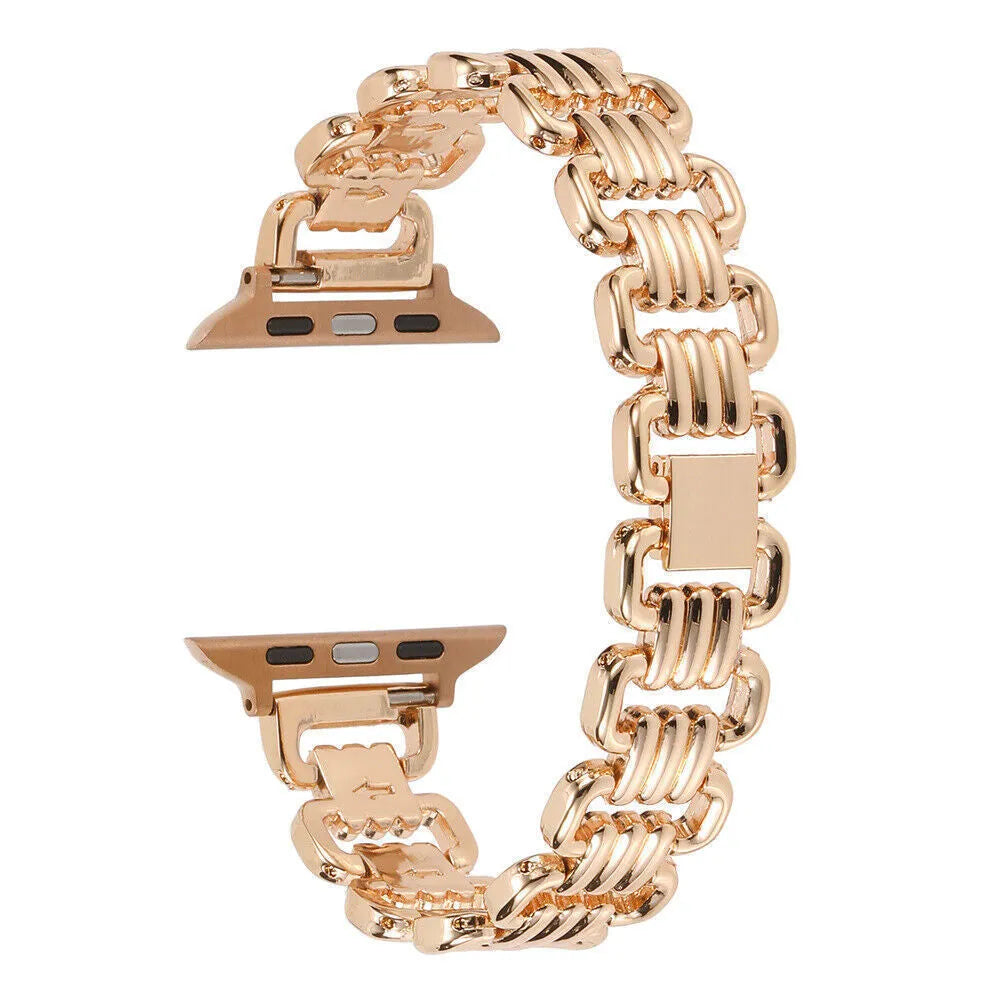 Alloy metal replacement bracelet for Apple Watch in silver, black, gold, rose gold and Starlight colours.