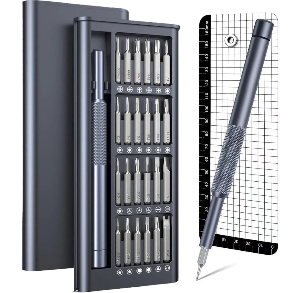 25-in-one magnetic precision screwdriver set with knurled handle and bits.