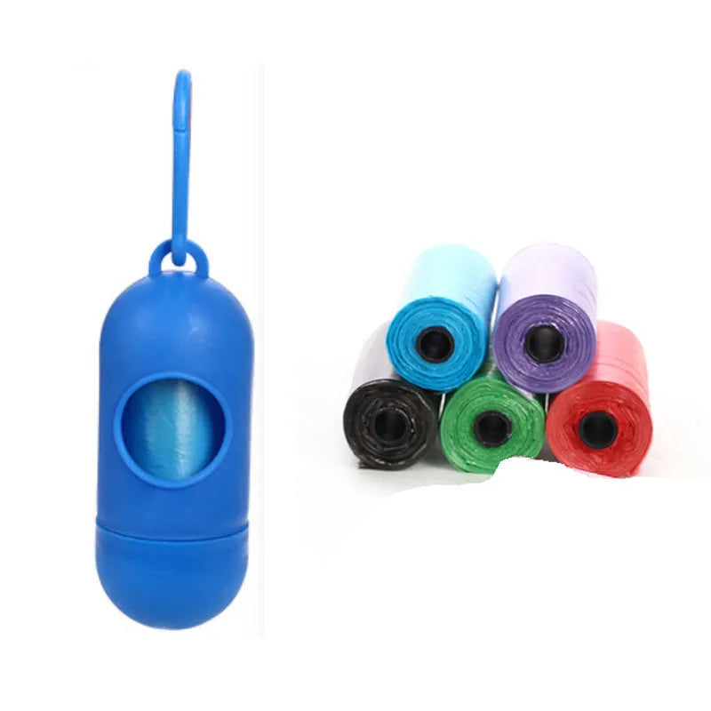 Roll of handled dog poop bags in assorted colours showing dimensions of 22.5 by 30 centimetres