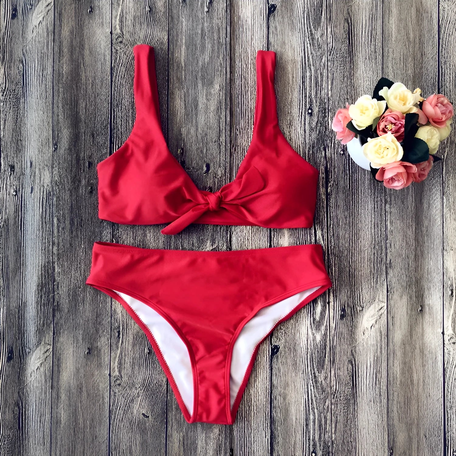 Solid colour polyester bikini swimsuit in five colour options showing front view
