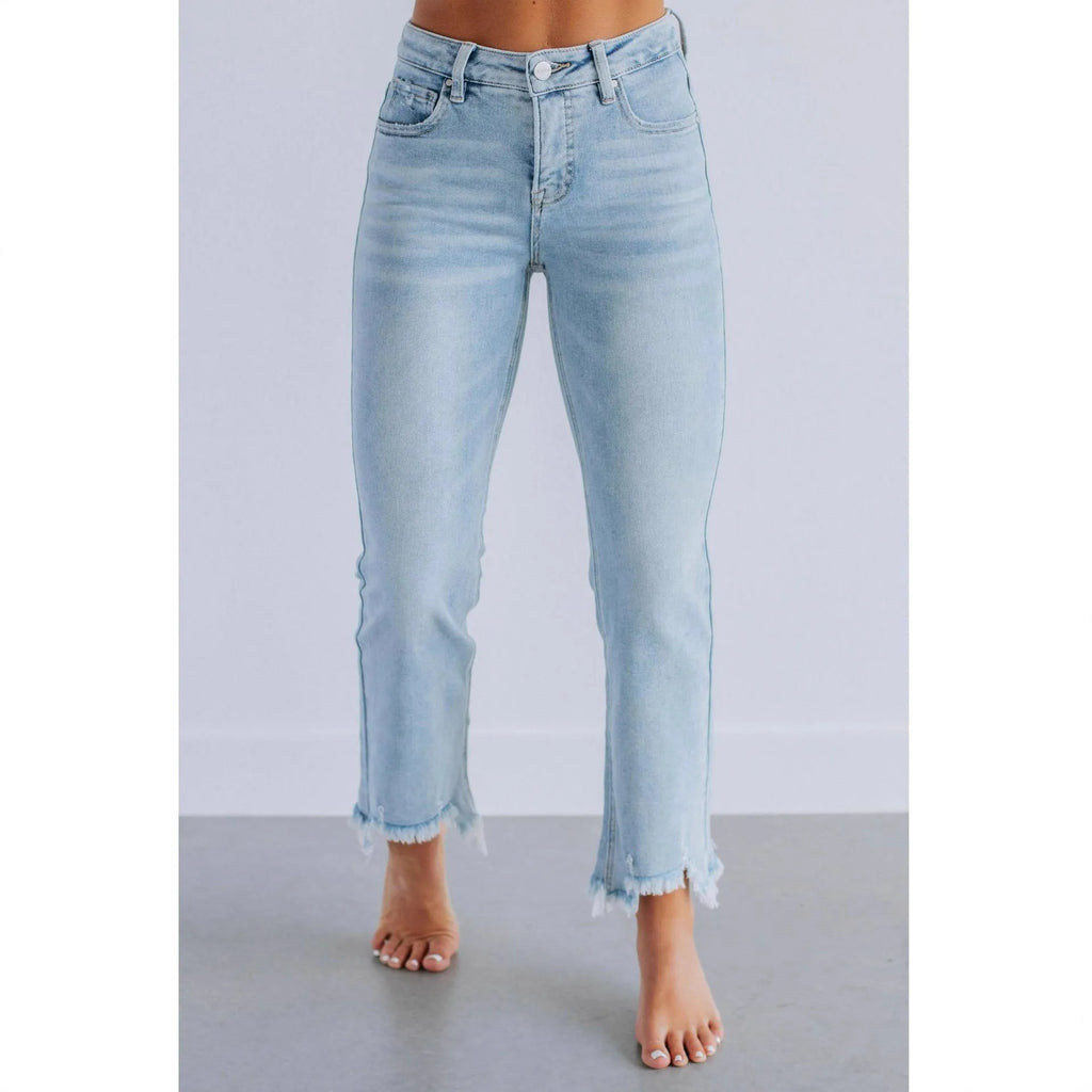 Women's hand-worn denim jeans in dark blue and light blue cotton fabric casual trousers