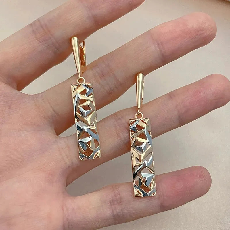 Rectangular two-tone hollow stud earrings for women with electroplated alloy construction