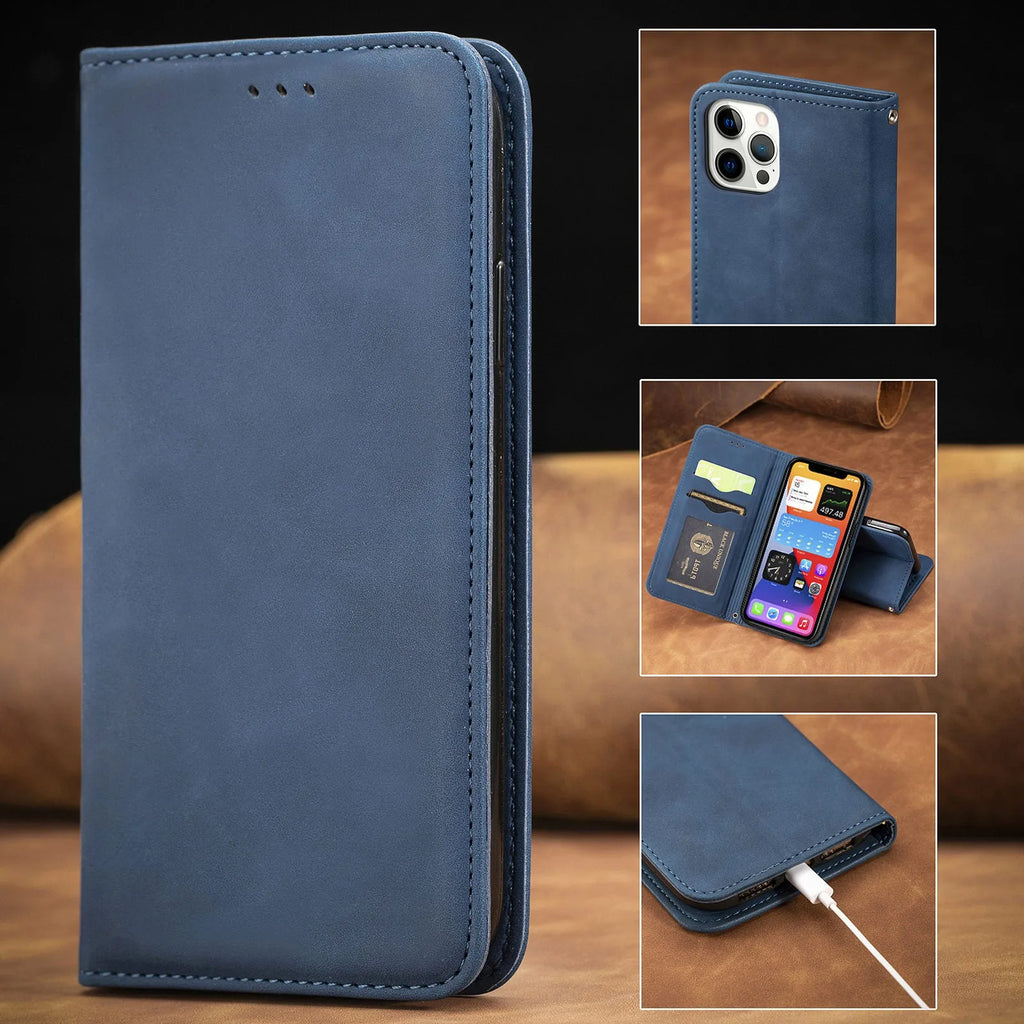 Blue TPU leather magnetic shockproof phone case for Apple iPhone with invisible bracket