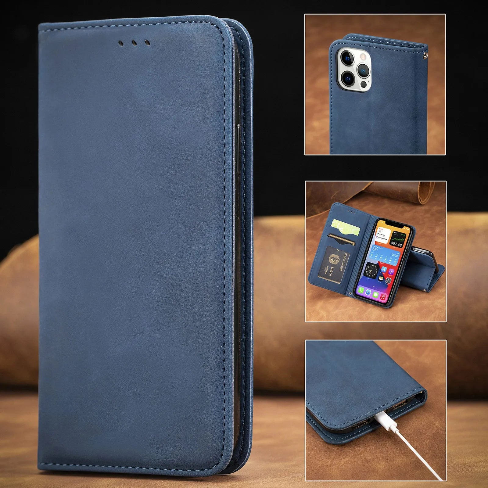 Blue TPU leather magnetic shockproof phone case for Apple iPhone with invisible bracket