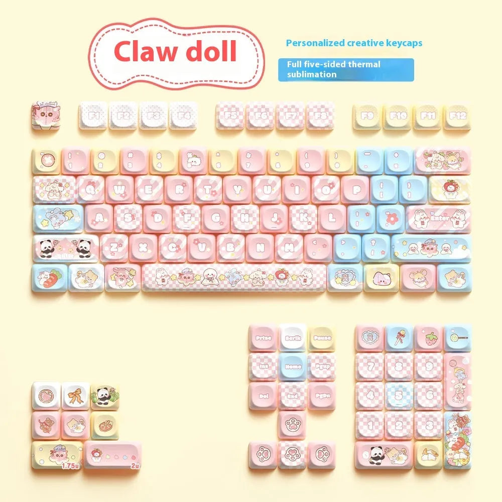 Doll theme sublimation printed PBT key cap set for mechanical keyboards in box.