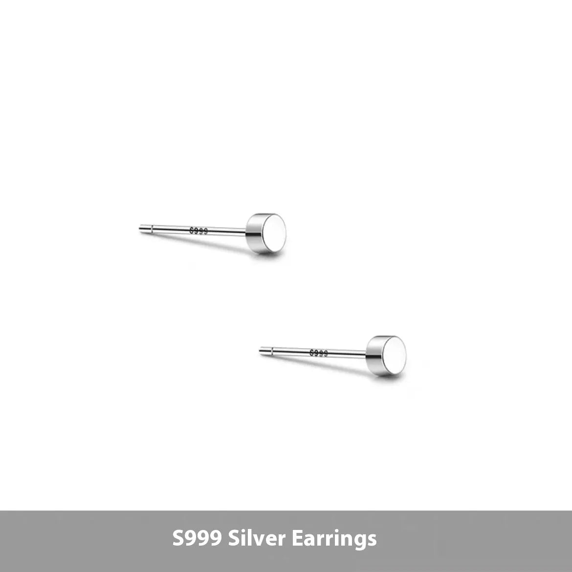 A pair of S999 sterling silver round flat stud earrings on a plain background, showing silver and black colour options.