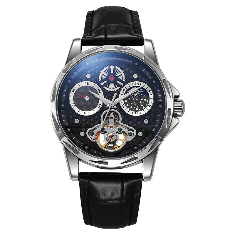 Men's waterproof automatic watch with luminous hands on steel bracelet, black dial, 13mm thick