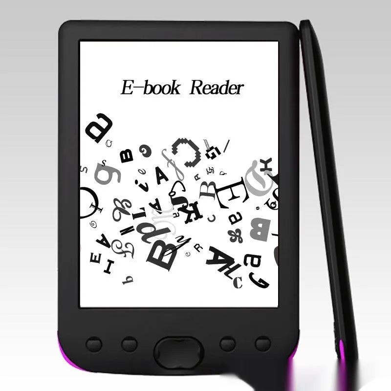 Black 6-inch e-book reader with E-ink screen showing a book page, on a plain background.