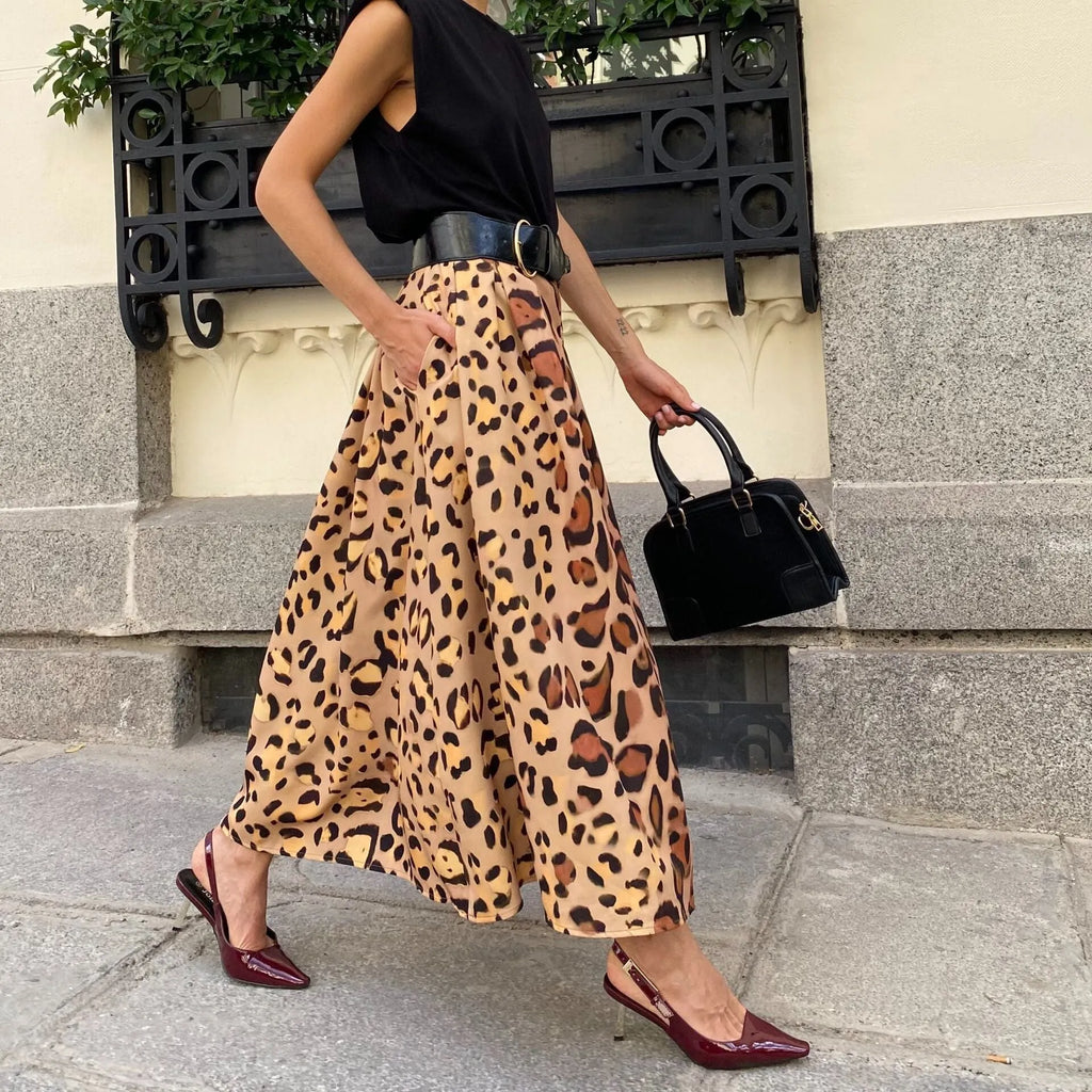 Women's brown leopard print A-line long skirt in polyester fabric