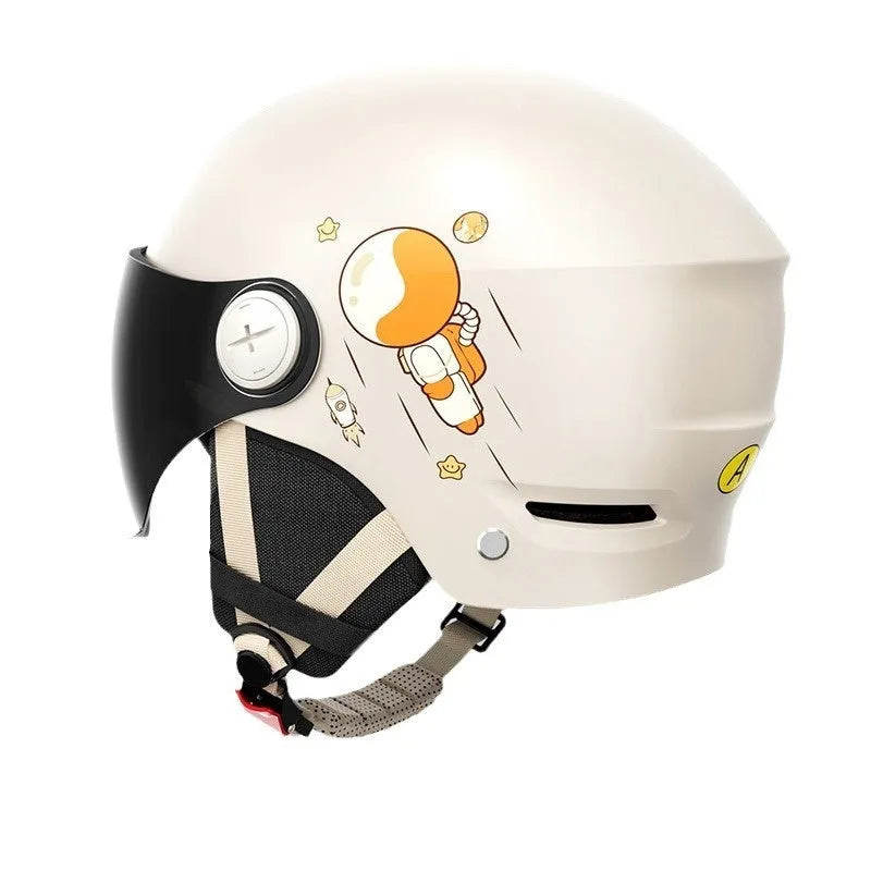 Khaki coloured ABS half helmet for electric motorcycles shown with different lens options.