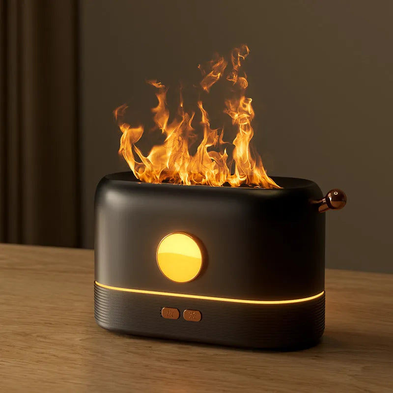 Black USB desktop humidifier diffuser with simulation flame effect and 200ml water tank.