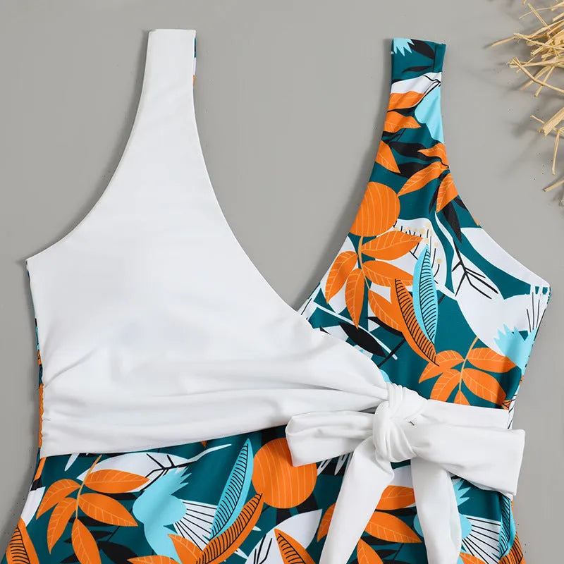 Women's high-waist one-piece bikini swimsuit with printed pattern design