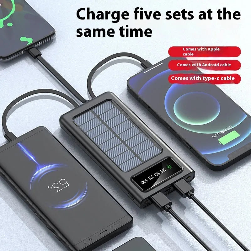 Black and white solar power bank with USB port and 20000mAh capacity for mobile phones