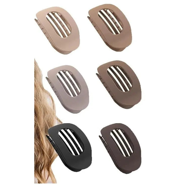 Set of six rose red nude coloured women's plastic hair clips with quadrilateral design on a white background.