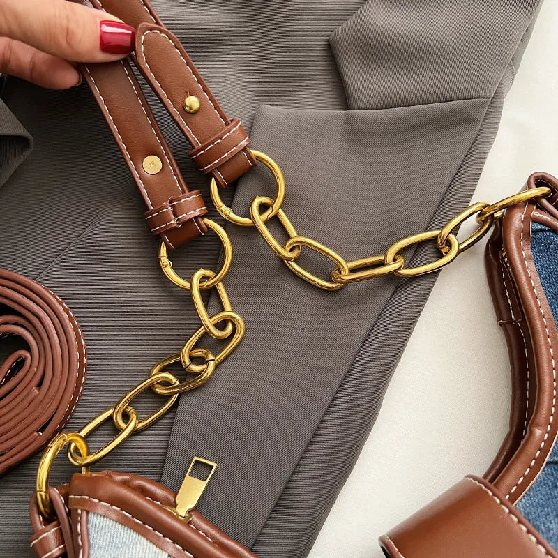 Brown denim women's shoulder bag with chain strap and diamond mesh detail