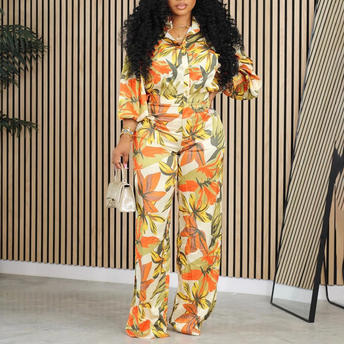 Red printed long sleeve shirt and wide leg pants suit for women in polyester fabric