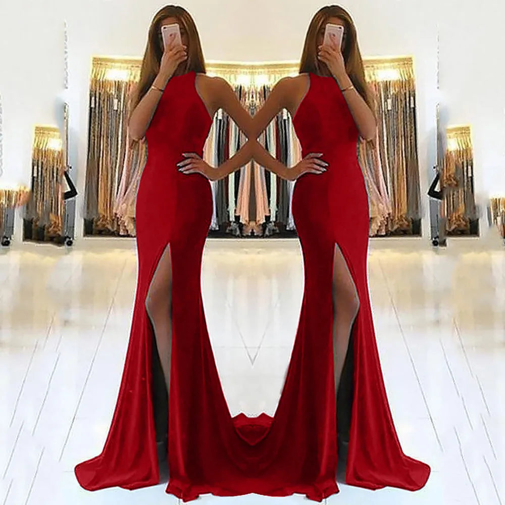 Red knitted long evening dress with large swing skirt, high waist, hollow detailing, and hanging neckline