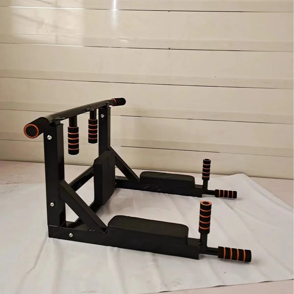 Black wall-mounted steel fitness rack with sandbag mounts and parallel pull-up bars