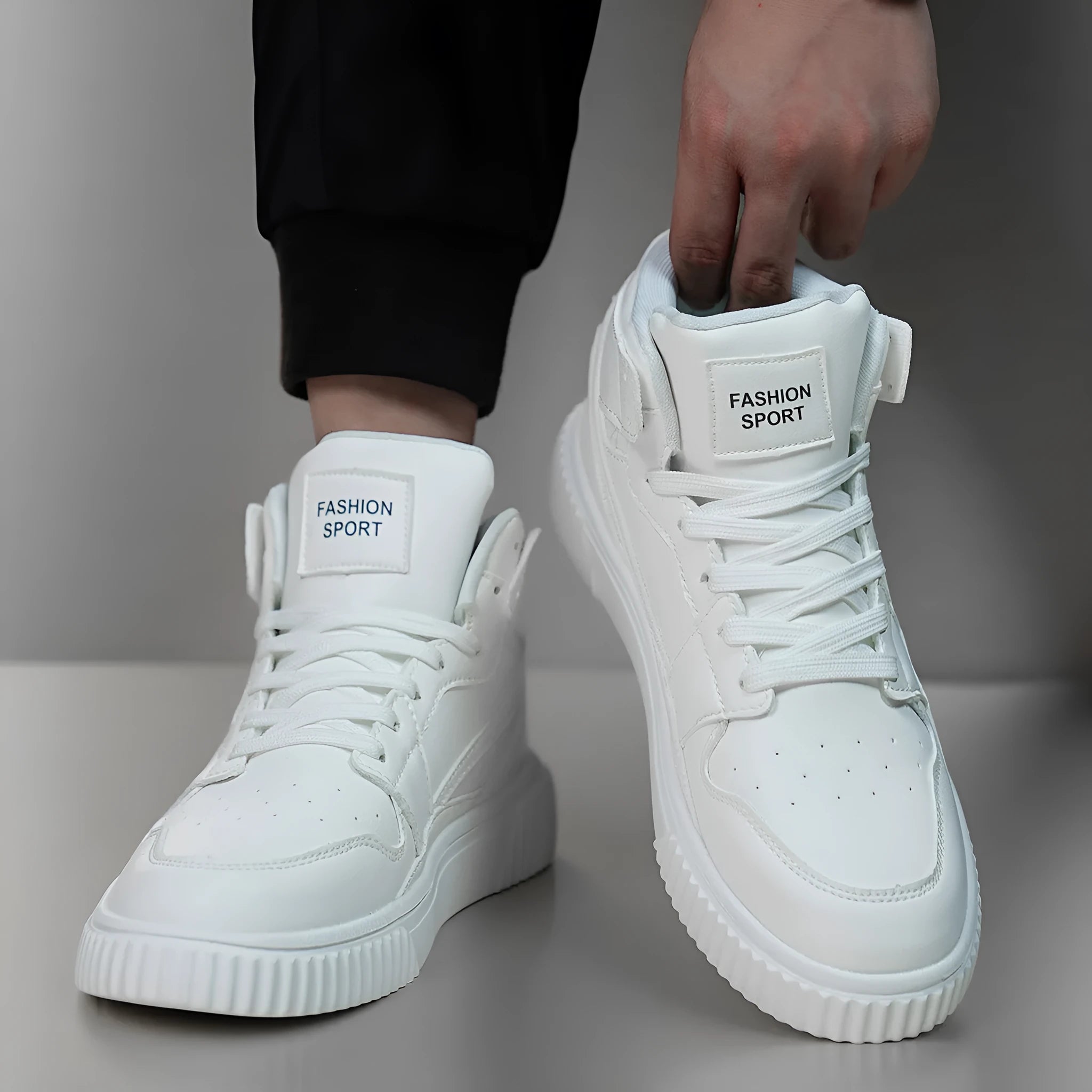 Men's white casual shoes with round toe and microfiber upper for autumn and winter wear.