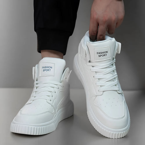 Men's white casual shoes with round toe and microfiber upper for autumn and winter wear.