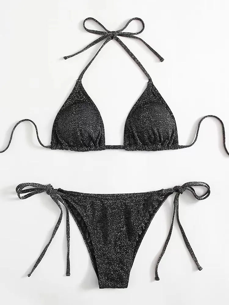 Women's bandage-style bikini swimsuit set in polyester fabric with separate top and pants