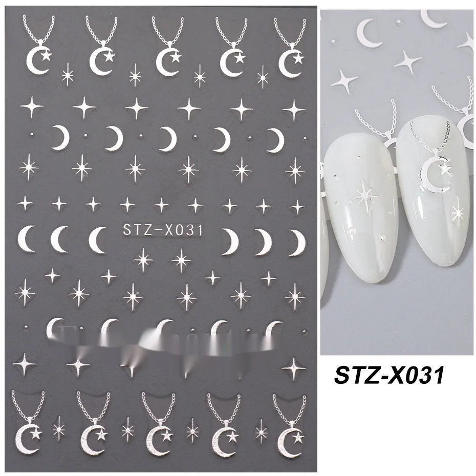 Close-up of a cartoon-style nail sticker with black and silver strips and a love pattern design on a fingernail.