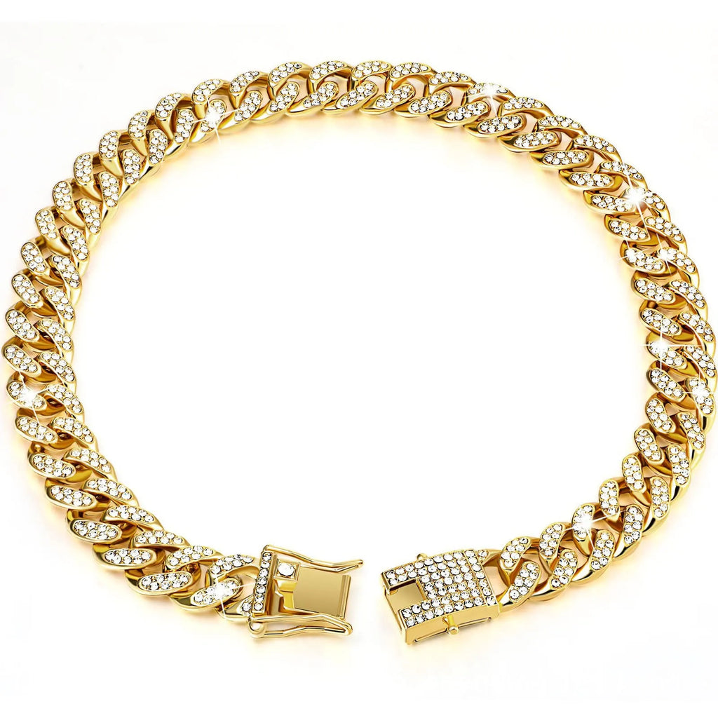 Gold alloy hip hop dog collar necklace with diamond pattern, 12.5mm width, on a white background.